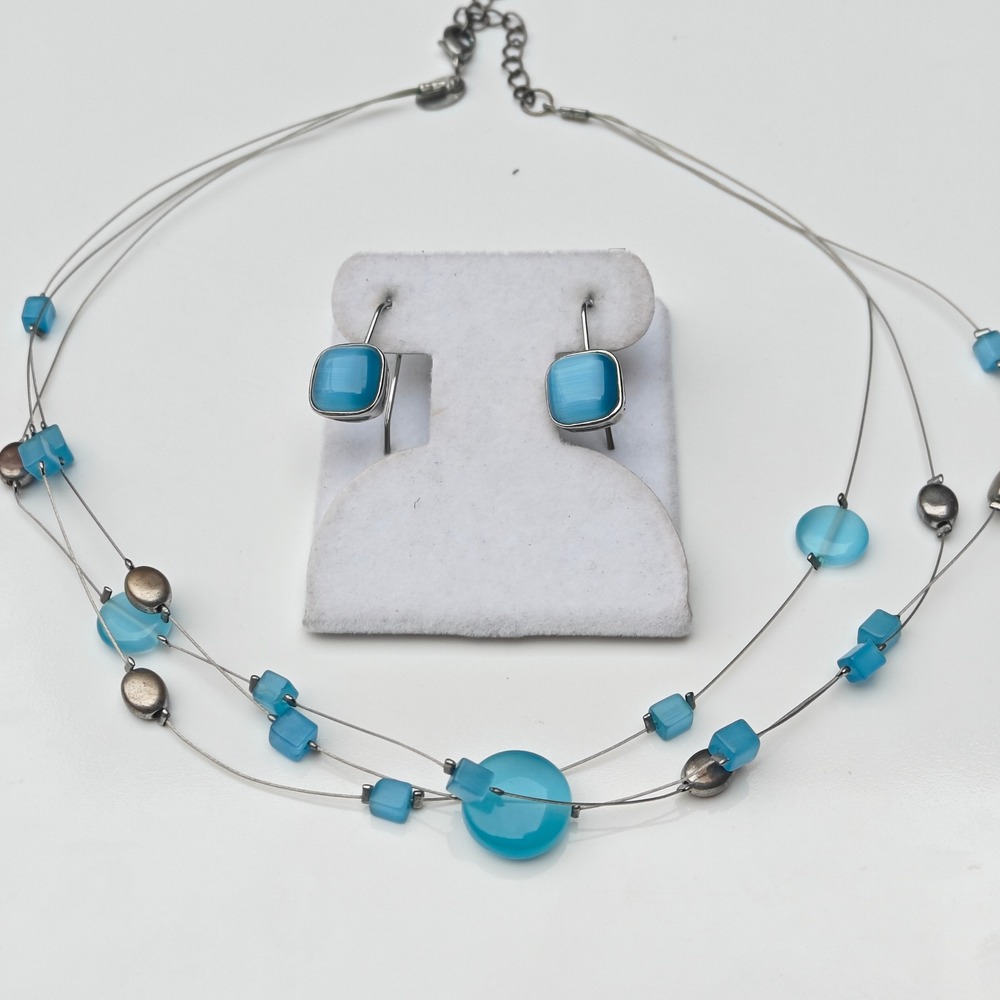 Lia Sophia Turquoise Blue Cats Eye Multi Strand Illusion Necklace Earring Set